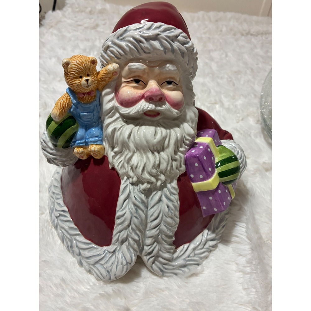 Vintage Santa Claus Ceramic and Crackle Glass Cookie Jar Christmas Decor